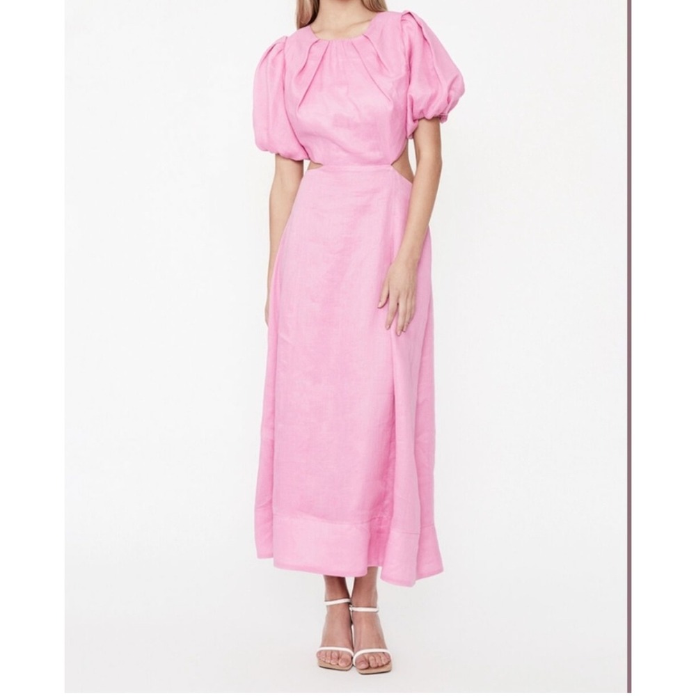 Bardot‎ Pink Linen Cutout Midi Dress Puff Sleeve Backless Elegant Occasion S 4